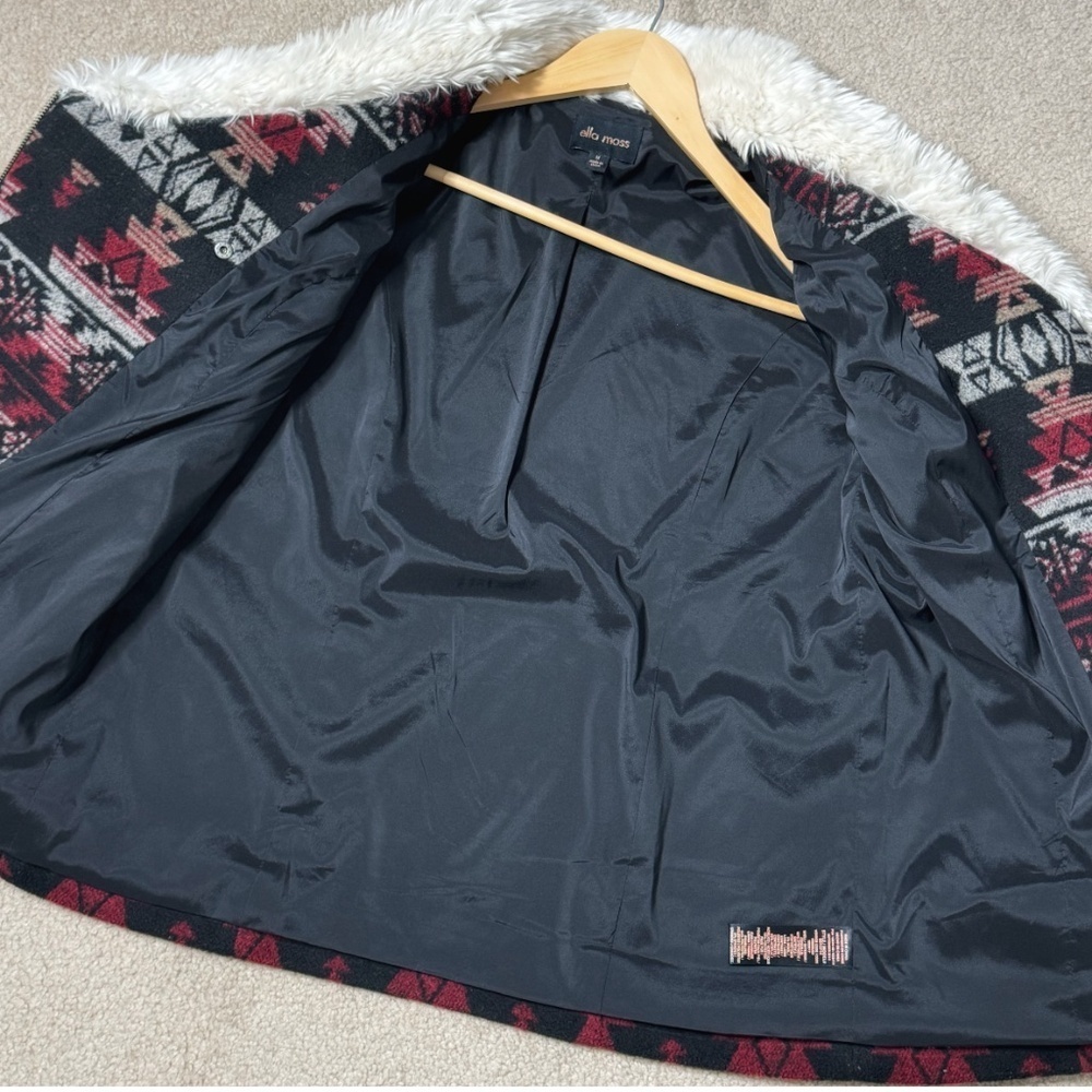 Ella Moss Anthropologie Coat Southwestern Motif Faux Fur Collar Winter Black - Picture 11 of 16